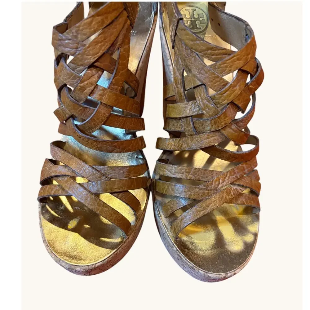 TORY BURCH Women's Shoes Size 9 Brown Woven Leather Cork Wedge Sandals